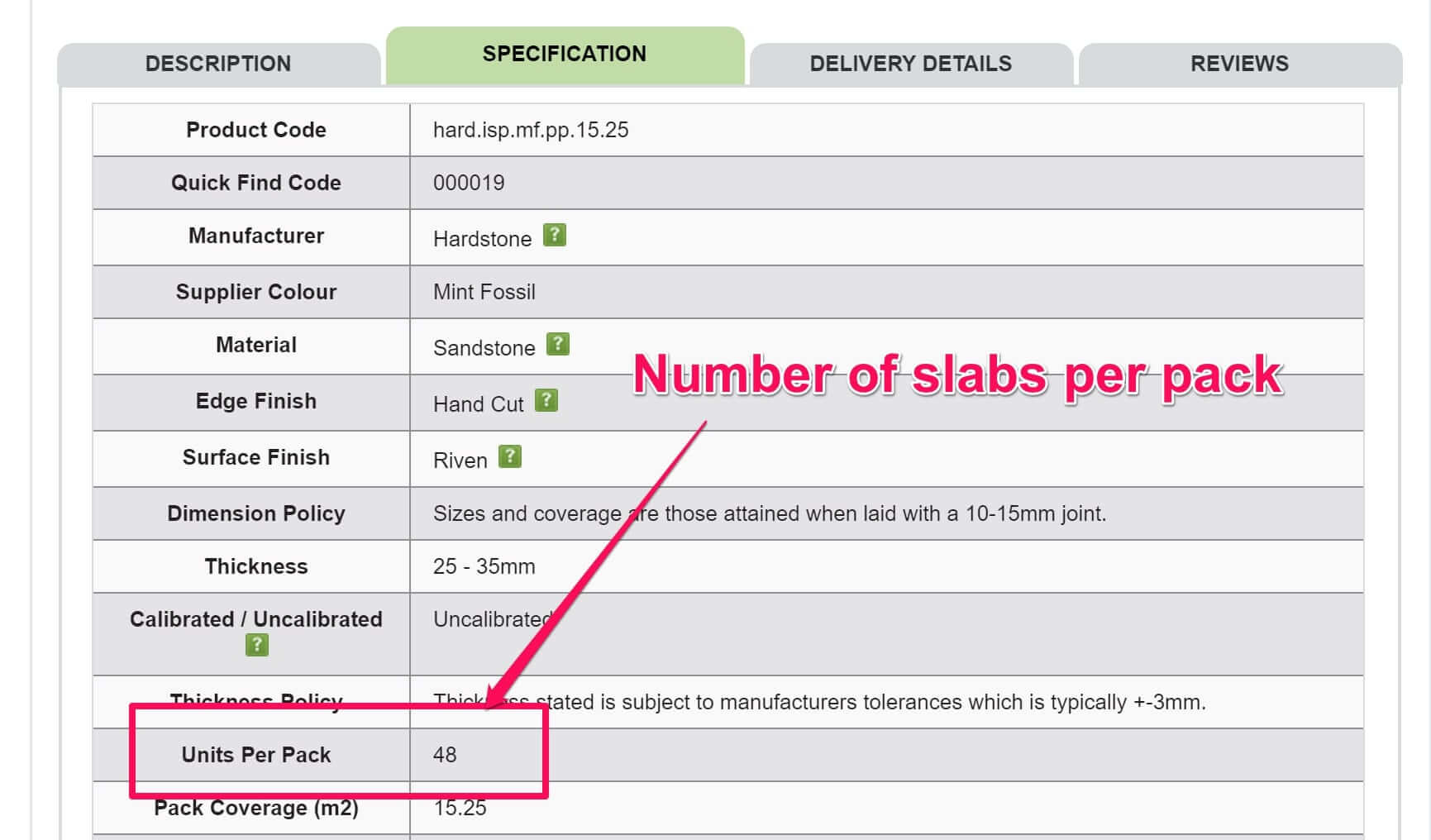 Slabs / Units per pack